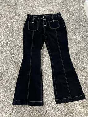 Women’s Black Flare Jeans XL Contrast Stitch Wide Leg Sailor Button Denim